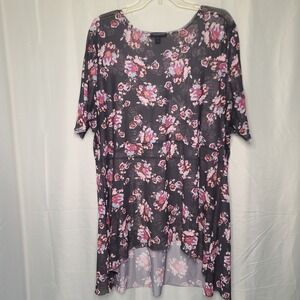 Lane Bryant Floral Mesh Tunic Women 22/24 Black Pink High Low Sheer Short Sleeve